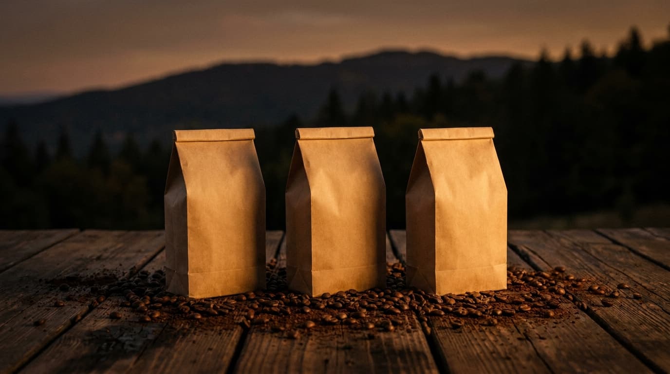 Three bags of NOG Koffie on a wooden table, mountains behind.