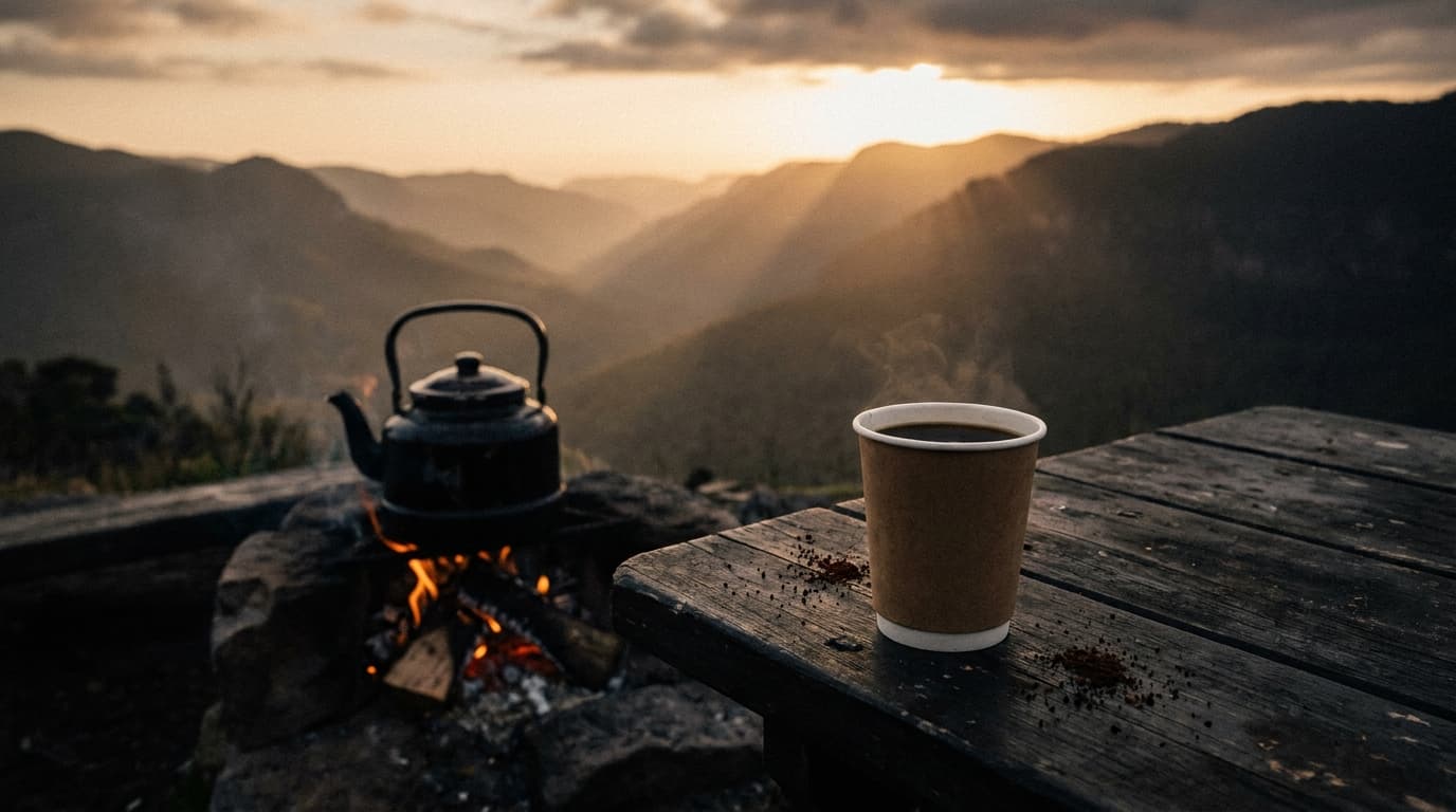 A cup of coffee beside a kettle on the coals, sun rising over the mountains.